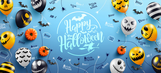 Wall Mural - Happy Halloween Lettering on Blue Background with Halloween Ghost Balloons.Scary air balloons.Website spooky,Background or banner Halloween template.Vector illustration EPS10