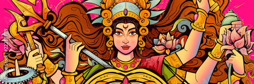 Goddess Durga Face in Happy Durga Puja Subh Navratri background Poster Mural XXL