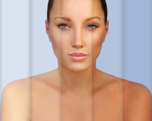 Beauty visual about suntan. Model's face divided in parts - tanned and natural.Different tones of tan