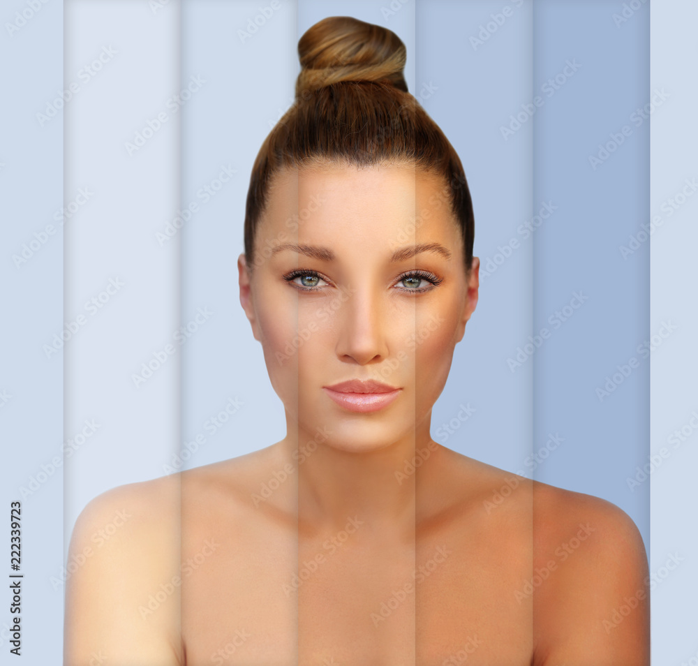 Beauty visual about suntan. Model's face divided in parts - tanned and natural.Different tones of tan - obrazy, fototapety, plakaty 