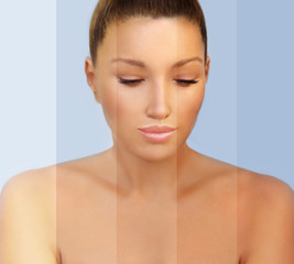 Beauty visual about suntan. Model's face divided in parts - tanned and natural.Different tones of tan