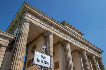 Platz des 18 Marz sign in front of the Brandenburger Tor in Berlin, the capital of Germany.