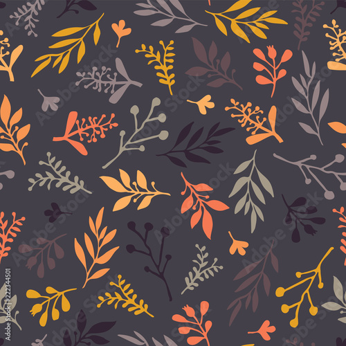 Fotografie, Obraz Seamless vector pattern with abstract leaves orange, gold, purple, gray on a dark background