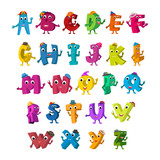 Fototapeta Dinusie - ABC Funny Alphabet Characters. Alive Letters with hats design color set.