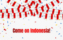Indonesia Garland Flag With Confetti On Transparent Background, Hang Bunting For Celebration Template Banner, Vector Illustration