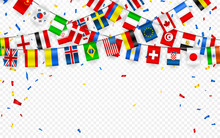 Colorful Flags Garland Of Different Countries Of The Europe And World With Confetti. Festive Garlands Of The International Pennant. Bunting Wreaths. Vector Banner For Celebration Party, Conference