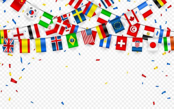 colorful flags garland of different countries of the europe and world with confetti. festive garland