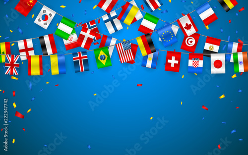 Fotomural Colorful flags garland of different countries of the europe and world with confetti