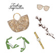 Simple accessories flatlay: bag, sunglasses, shoes, plant vector sketch. Glamour fashionable magazine illustration. Trendy wicker beach, city purse with other decoration elements. Women objects.