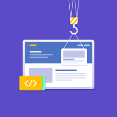 Website building concept. Website layout presented on the screen display with crane carrying drag and drop block element with code snippets in the front. Layered vector illustration in flat style.