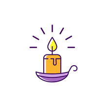 Halloween Candle Icon. Burning Candle On The Candlestick Colorful Flat Icon, Thin Line Art Design, Vector Outline Illustration