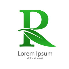 logotipo letra r con hoja verde