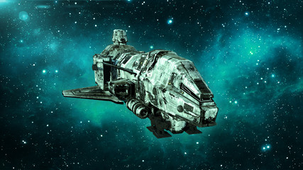 old alien spaceship in deep space, dirty spacecraft flying in the universe with stars in the backgro