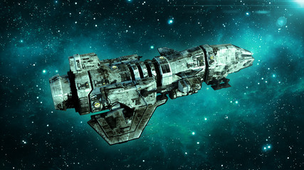 Wall Mural - old alien spaceship in deep space, dirty spacecraft flying in the universe with stars in the backgro