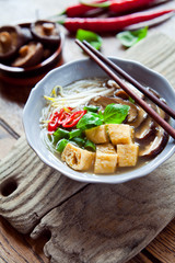 Sticker - shiitake mushroom fried tofu spicy noodle soup.