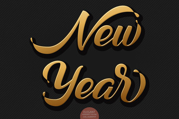 Poster - Gold Volumetric New Year handwritten lettering for greeting card. Vector holiday design on black background. Trendy quote for you design, posters, cards etc.