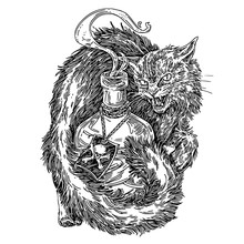 Halloween. Tousled Black Cat With A Bottle Of Poison. Sketch. Engraving Style. Vector Illustration.