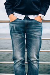 Details of casual clothing in blue and white colors