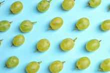 Fresh Ripe Juicy Green Grapes On Color Background, Top View