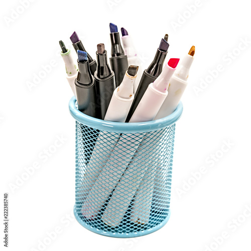 Fotografie, Obraz colorful markers in a blue holder, school or office supplies isolated on white