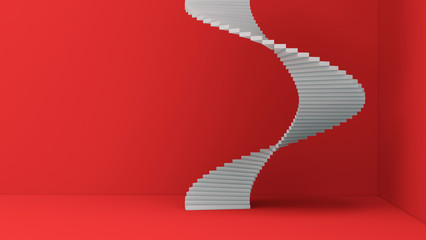 Poster - Spiral staircase isolated on red background in minimal architecture graphic design concept. 3d abstract illustration.