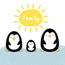Vector Illustration Of The Penguin Family. The Cartoon Style. Drawing By Hand