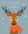 Cute cartoon deer with scarf. Merry Christmas and Happy new year card design. Vector illustration.