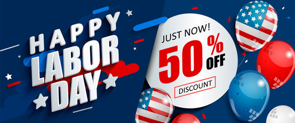 labor day 50 percent off sale promotion, advertising banner template with american flag balloons. pe