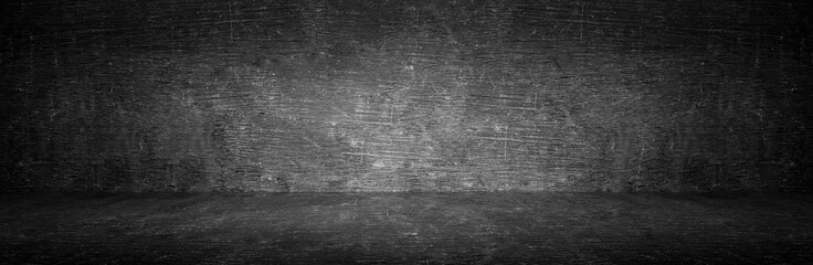 Wall Mural - Blank wide screen Real chalkboard background texture in college concept for back to school panoramic wallpaper for black friday. Blackboard room floor round vignette.