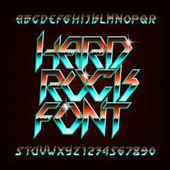 Poster - hard rock alphabet font. metal effect shiny letters, numbers and symbols in retro colors. stock vect