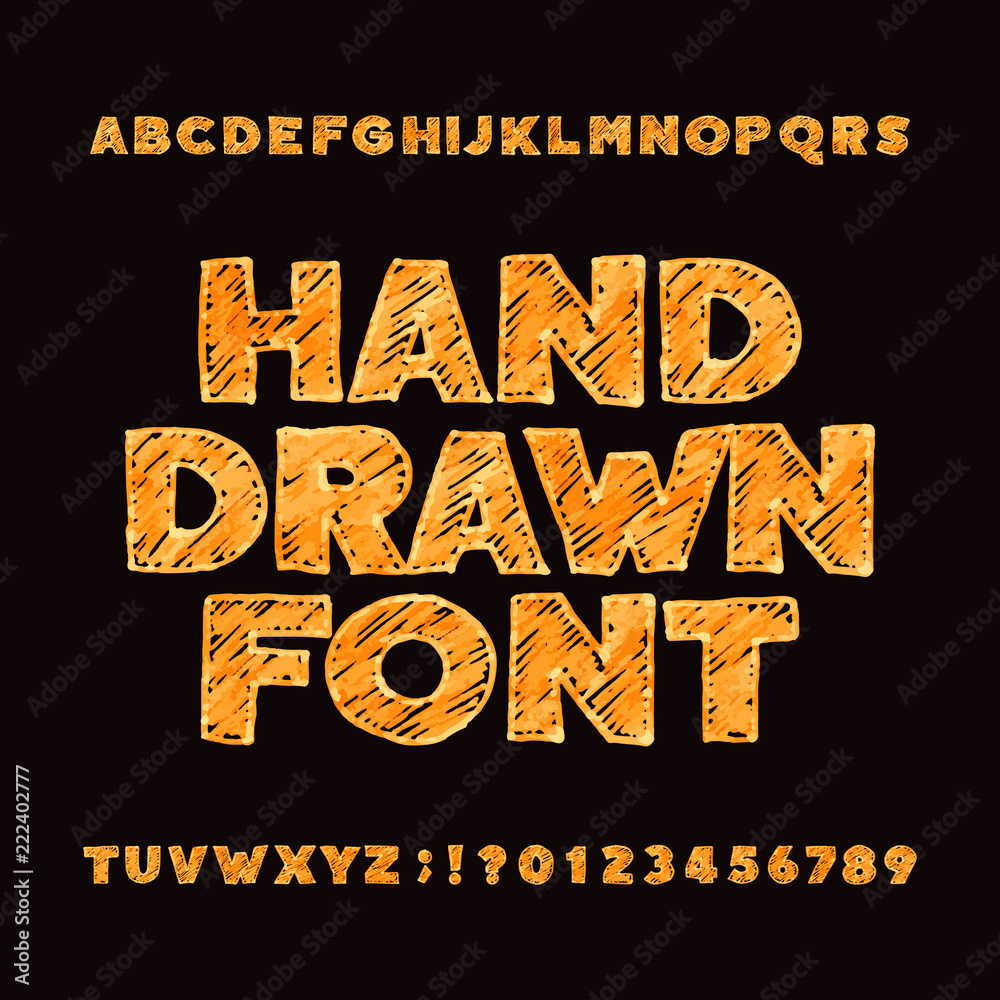 Hand drawn alphabet font. Uppercase messy sketch letters and numbers ...