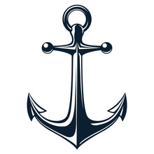 Vector Illustration, Monochrome Sea Anchor Icon Isolated On White Background. Simple Shape For Design Logo, Emblem, Symbol, Sign, Badge, Label, Stamp.