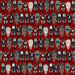 Wall Mural - ethnic mask seamless pattern. hand drawn african tribal totem background