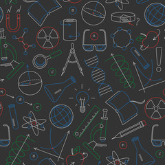 Wall Mural - Seamless pattern on the theme of science and inventions, diagrams, charts, and equipment, simple colored chalks on the dark school Board