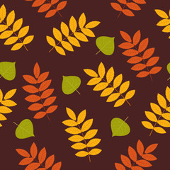 Wall Mural - Autumn pattern. Vector. Seamless fall leaves on brown background. Season wallpaper. Colorful cartoon illustration in flat design.