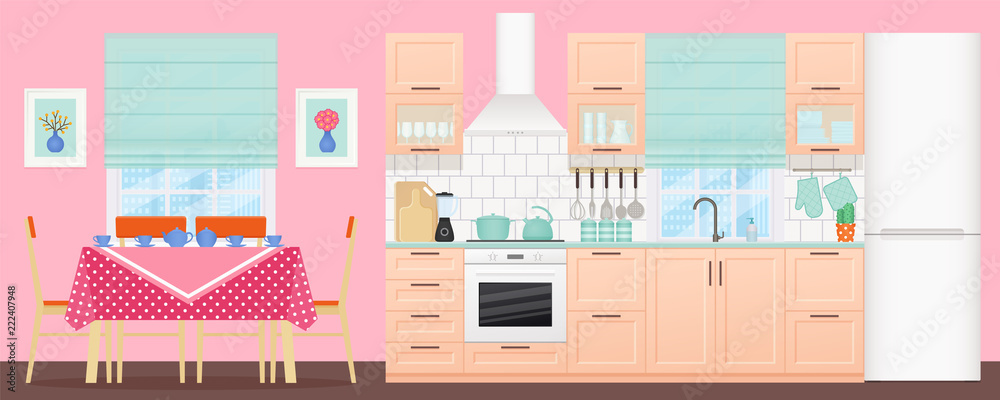 Kitchen dining room interior. Vector. Room with appliances, furniture ...