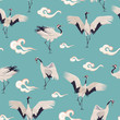 Seamless pattern with Japanese cranes and clouds
