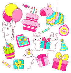 Wall Mural - Set of cute Birthday party icons in kawaii style