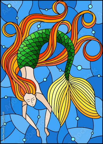 ilustracja-w-stylu-witrazu-z-syrena-z-dlugimi-rudymi-wlosami-na-wodzie-i