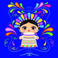 Wall Mural - Mexican Doll with decorative ornaments vector illustration