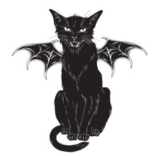 Creepy Black Cat With Monster Wings Isolated Over White Background. Wiccan Familiar Spirit, Halloween Or Pagan Witchcraft Theme Print Design Vector Illustration.