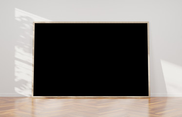 Large horizontal frame leaning on a white wall 3D rendering