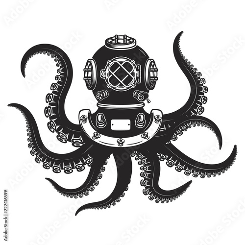 diver helmet with octopus tentacles isolated on white background