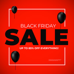 Wall Mural - Black friday sale banner design template with big letters and balloons.