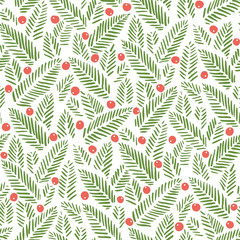 Wall Mural - Hand drawn abstract Christmas foliage, holy berries on white background vector seamless pattern. Winter Holiday Print