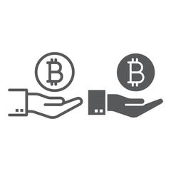 Poster - Bitcoin on hand line and glyph icon, finance