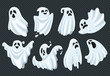Spooky halloween ghost. Fly phantom spirit with scary face. Ghostly apparition in white fabric vector illustration set