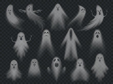 Transparent Ghost. Horror Spooky Ghosts, Halloween Night Ghostly Ghoul. Scary Phantom Vector Illustration Set