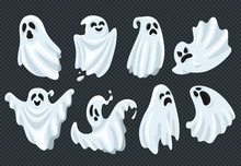 Spooky Halloween Ghost. Fly Phantom Spirit With Scary Face. Ghostly Apparition In White Fabric Vector Illustration Set