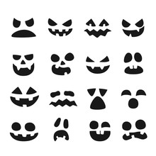 Pumpkin Faces. Halloween Evil Devil Face. Scary Smile Mouth, Spooky Nose And Pumpkins Eyes Vector Illustration Set